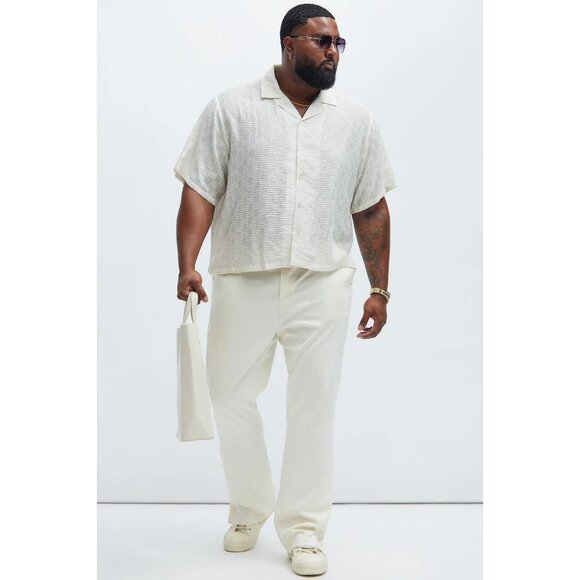 Alabastar Jacquard Button Up Short Sleeve Shirt Cream Men's - Picture 5 of 7